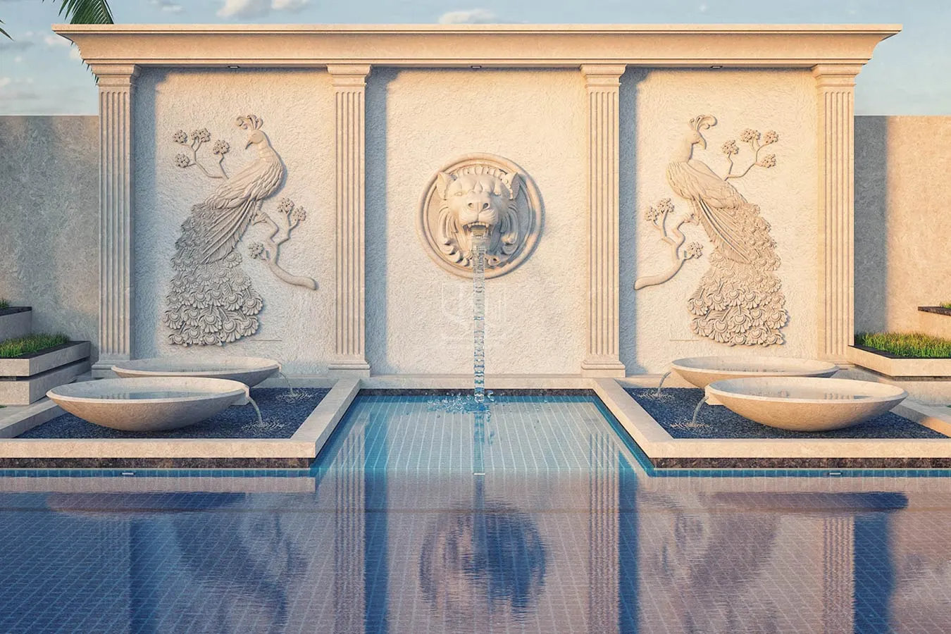 Lion-Peacock Water Fountain