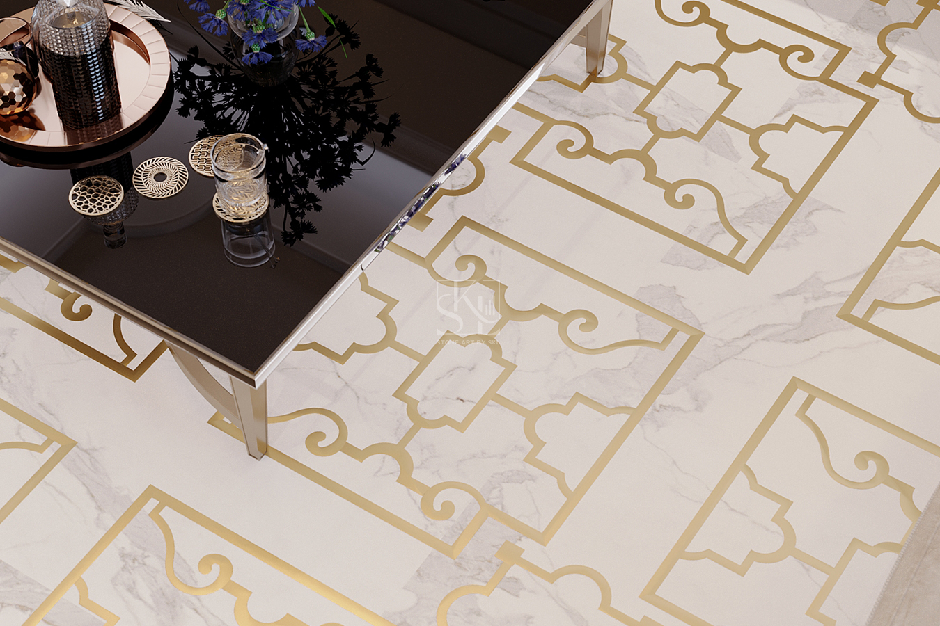 White - Golden Marble Inlay Flooring