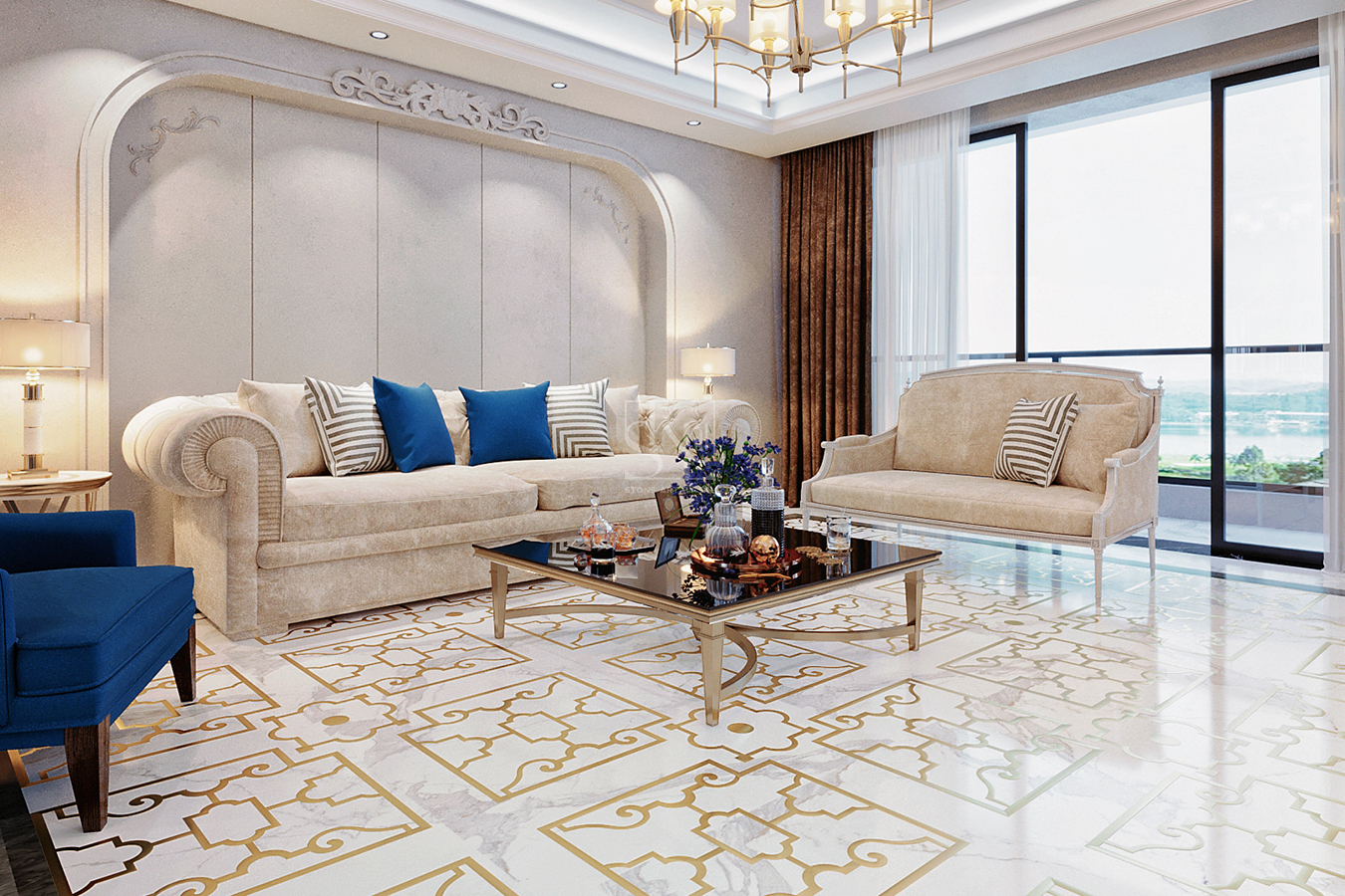 White - Golden Marble Inlay Flooring