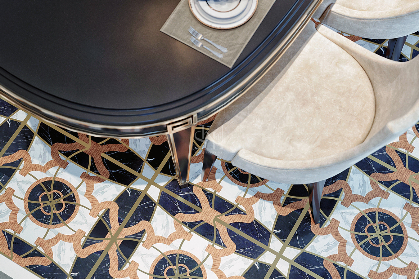 Black White Golden Marble Inlay Flooring