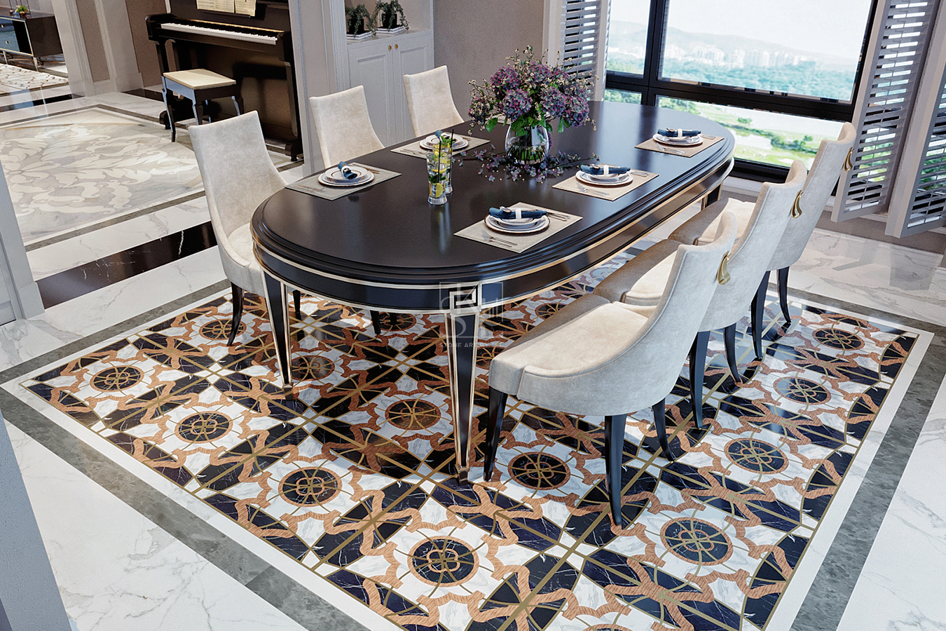 Black White Golden Marble Inlay Flooring